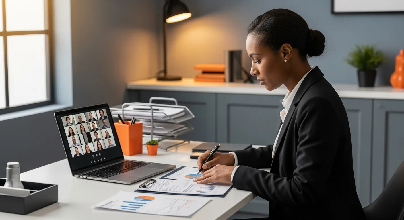 US small business owner reviewing BPO outsourcing options at modern desk with remote team on laptop screen