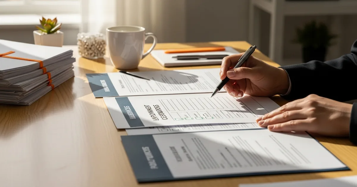 Small business owner reviewing HR outsourcing documents and checklist at a modern desk