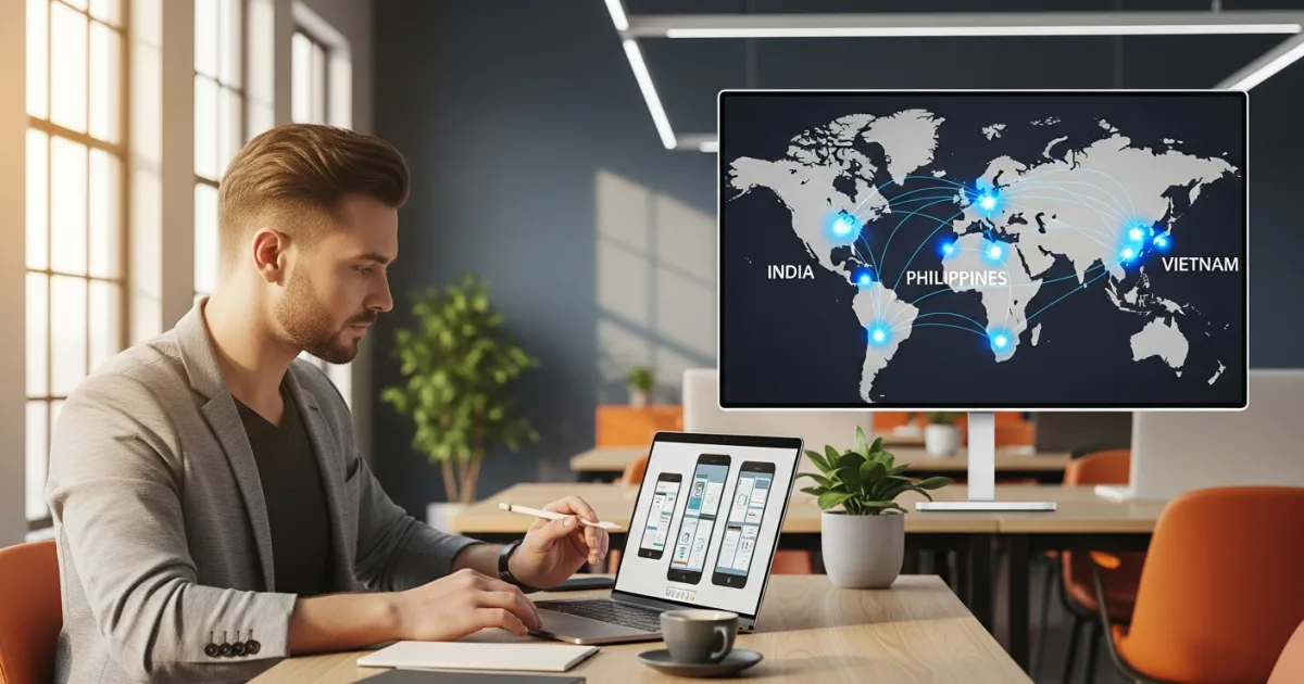 US SMB founder reviewing offshore mobile development team dashboard on laptop, Kore BPO