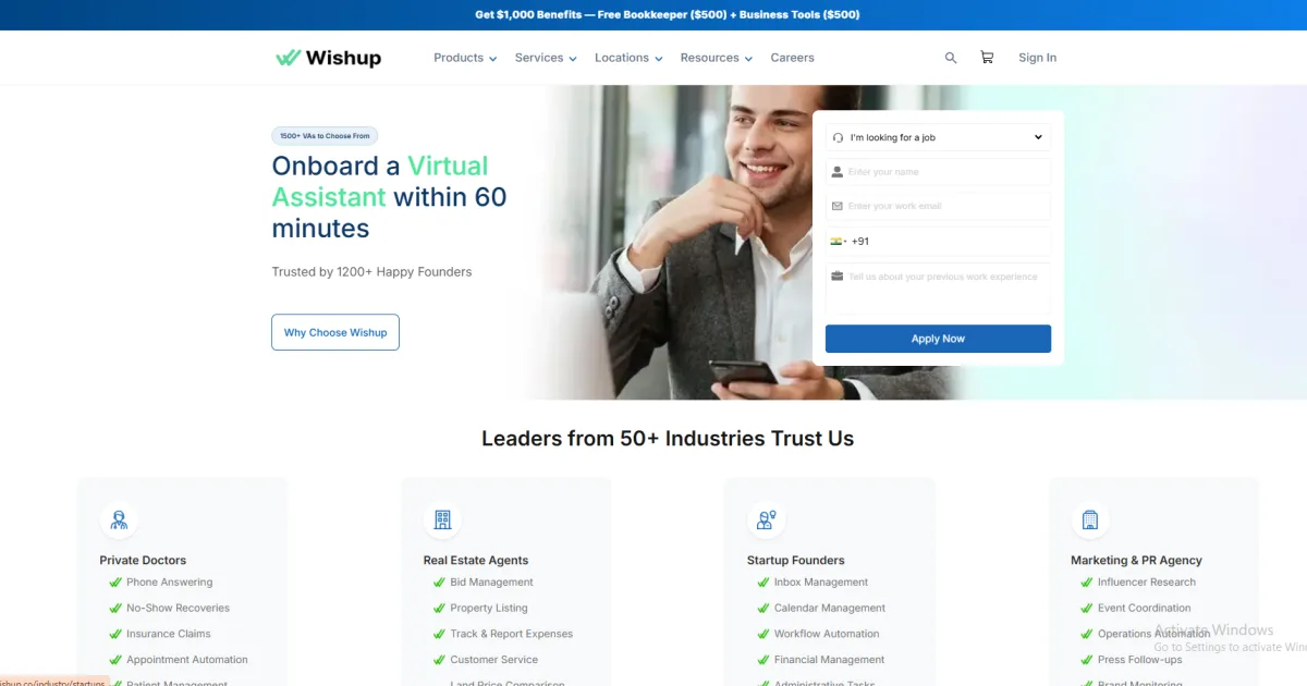 WishUp homepage showing virtual assistant onboarding within 60 minutes