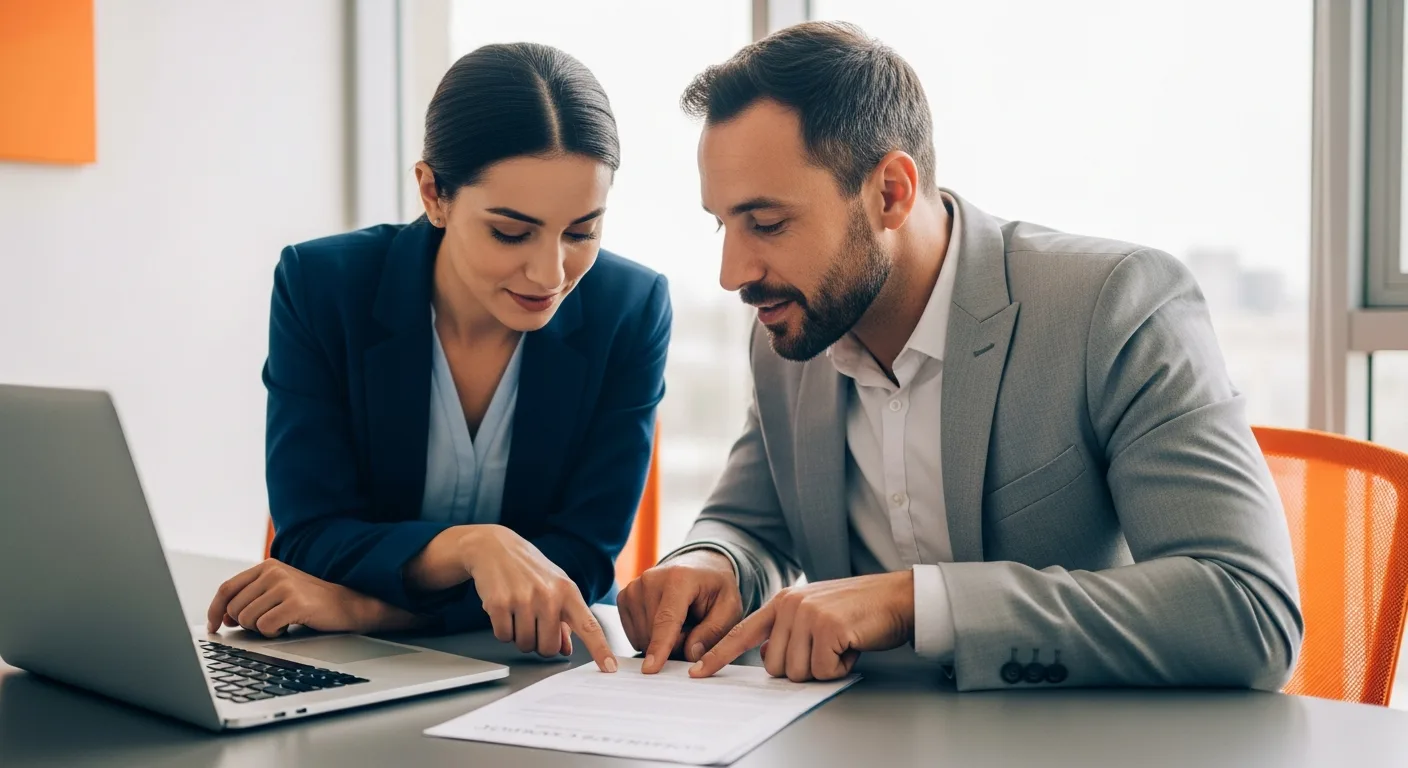 Small business owner and offshore team lead reviewing a services contract together with the IP assignment clause visible