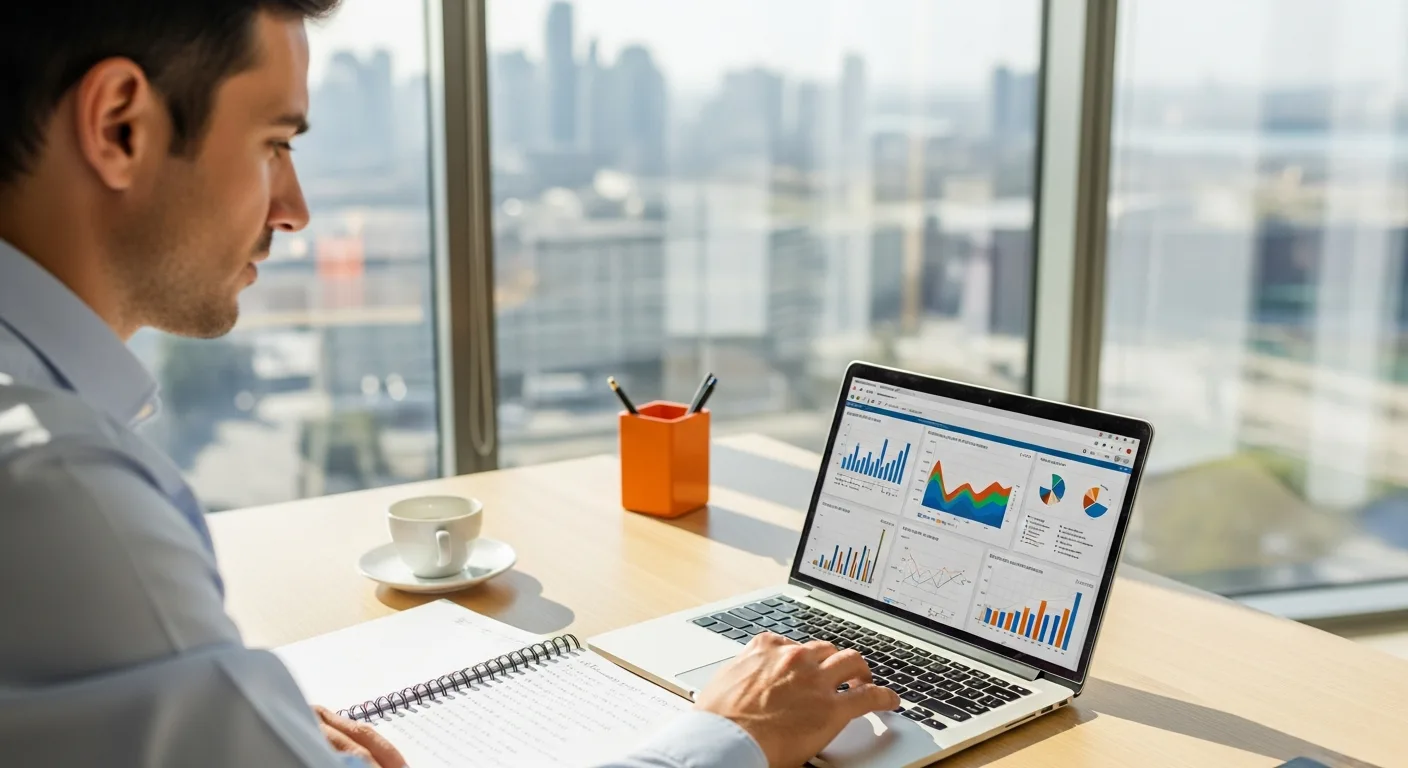 Offshore data scientist working through a technical vetting exercise on a laptop with statistical charts visible