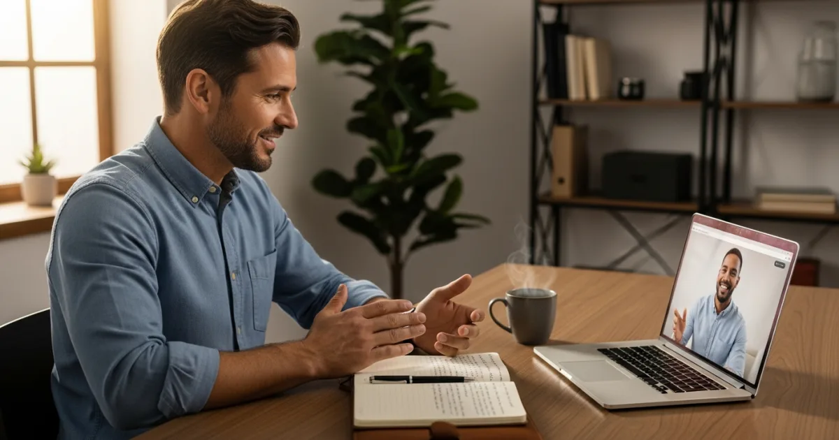 US business owner on an onboarding video call with an offshore IT outsourcing developer