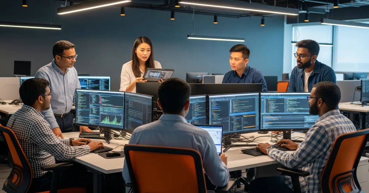 offshore QA testing team reviewing software test results on laptops in a modern tech office