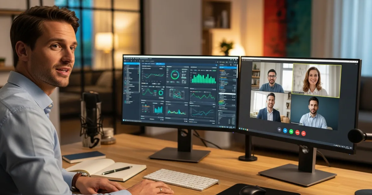 offshore data analyst on a video call with a US small business team, dual monitors showing dashboards and the call