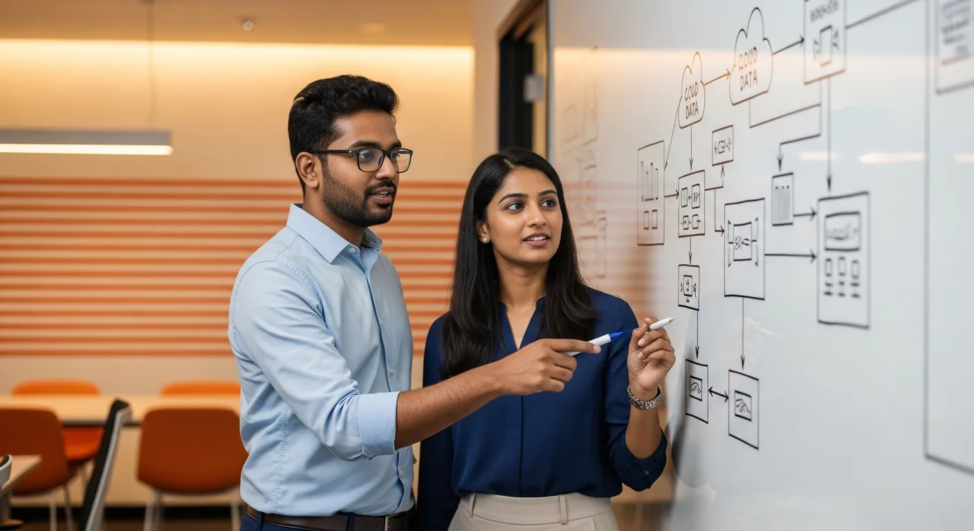offshore data engineer and data architect reviewing a cloud data warehouse pipeline diagram together