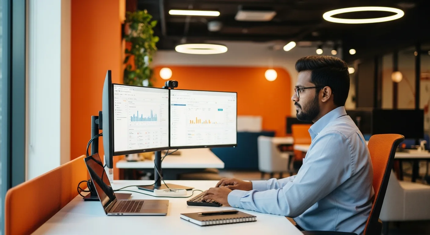 offshore data engineer configuring a cloud data warehouse dashboard on dual monitors for a US client