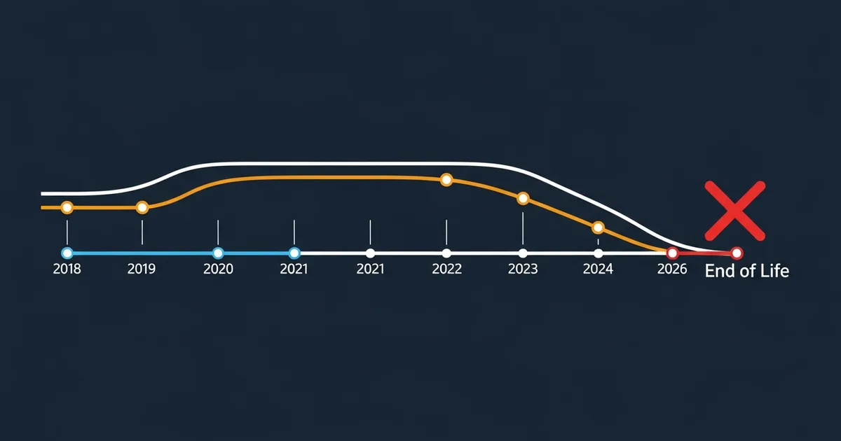 cross-platform mobile framework timeline showing Flutter and React Native growth from 2018 to 2026 alongside Xamarin end-of-life in May 2024 with arrow pointing to dot NET MAUI