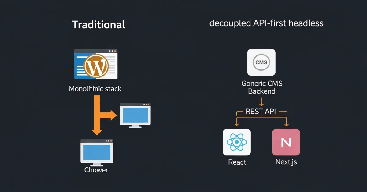diagram comparing traditional coupled wordpress architecture versus headless decoupled api wordpress with react frontend