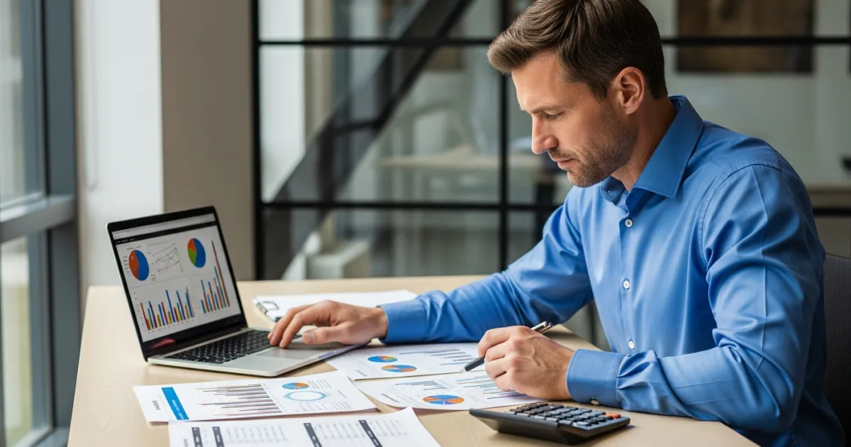 Manager reviewing cost comparison data for customer service outsourcing versus an in-house support team