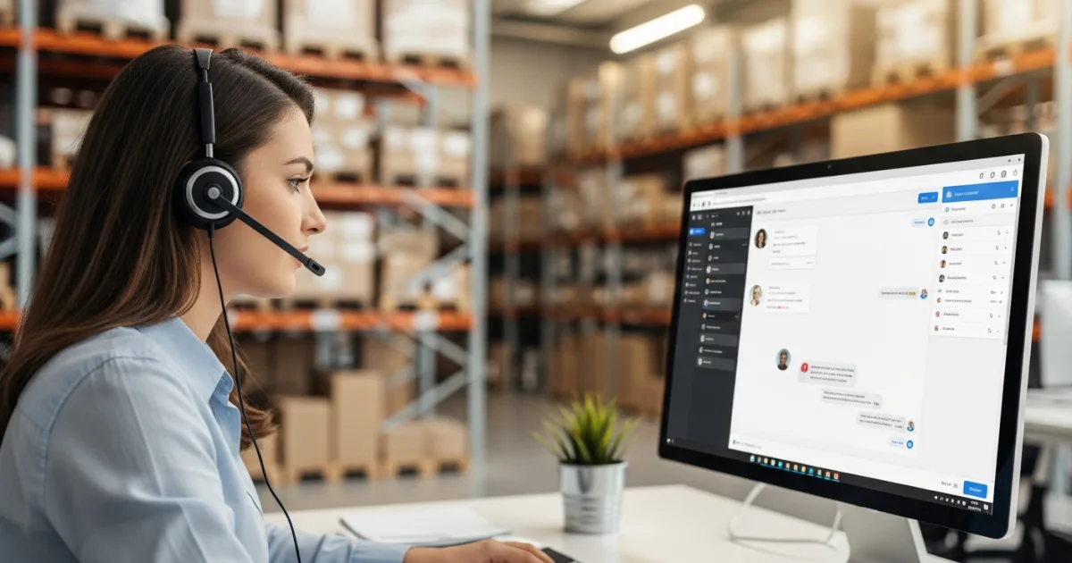 Outsourced customer service agent handling ecommerce support tickets on a helpdesk platform near a warehouse