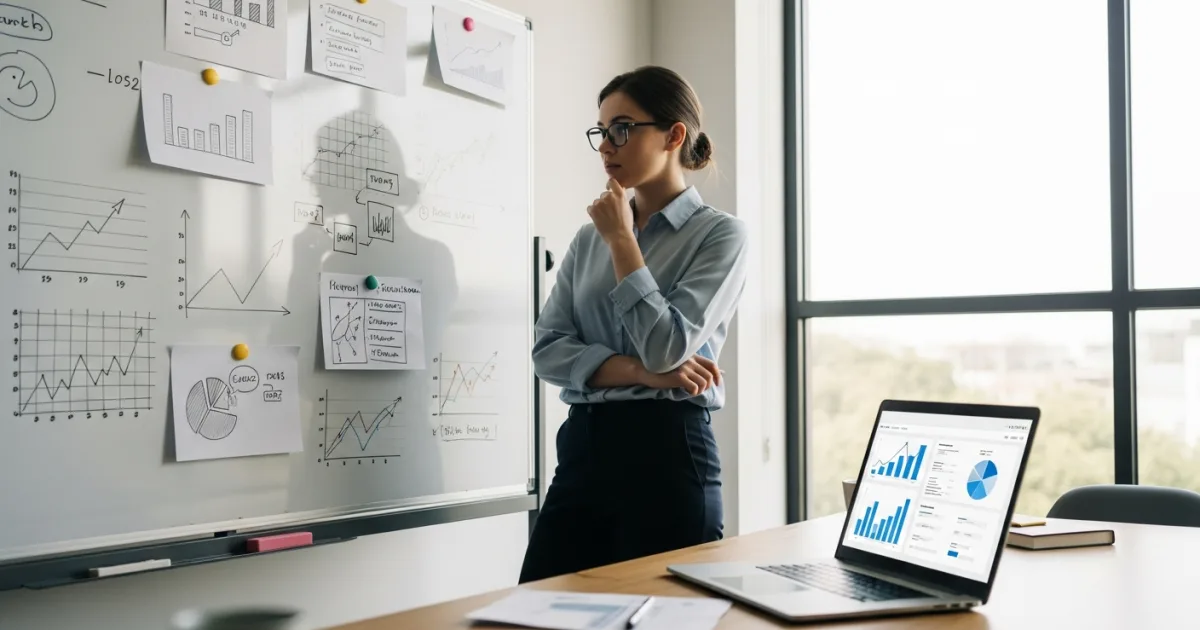 Business manager evaluating whether customer service outsourcing fits her company using a whiteboard and laptop dashboard
