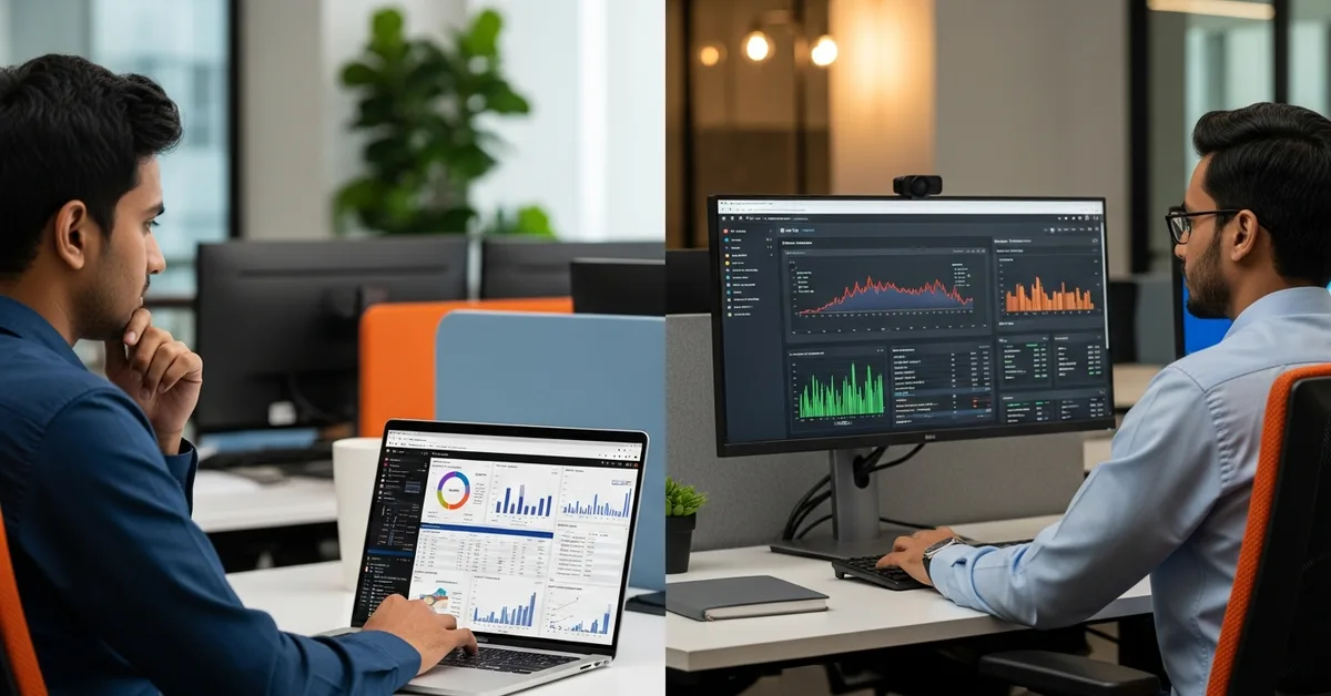 Split composition of an offshore data scientist reviewing statistical models next to an offshore ML engineer monitoring a production deployment dashboard
