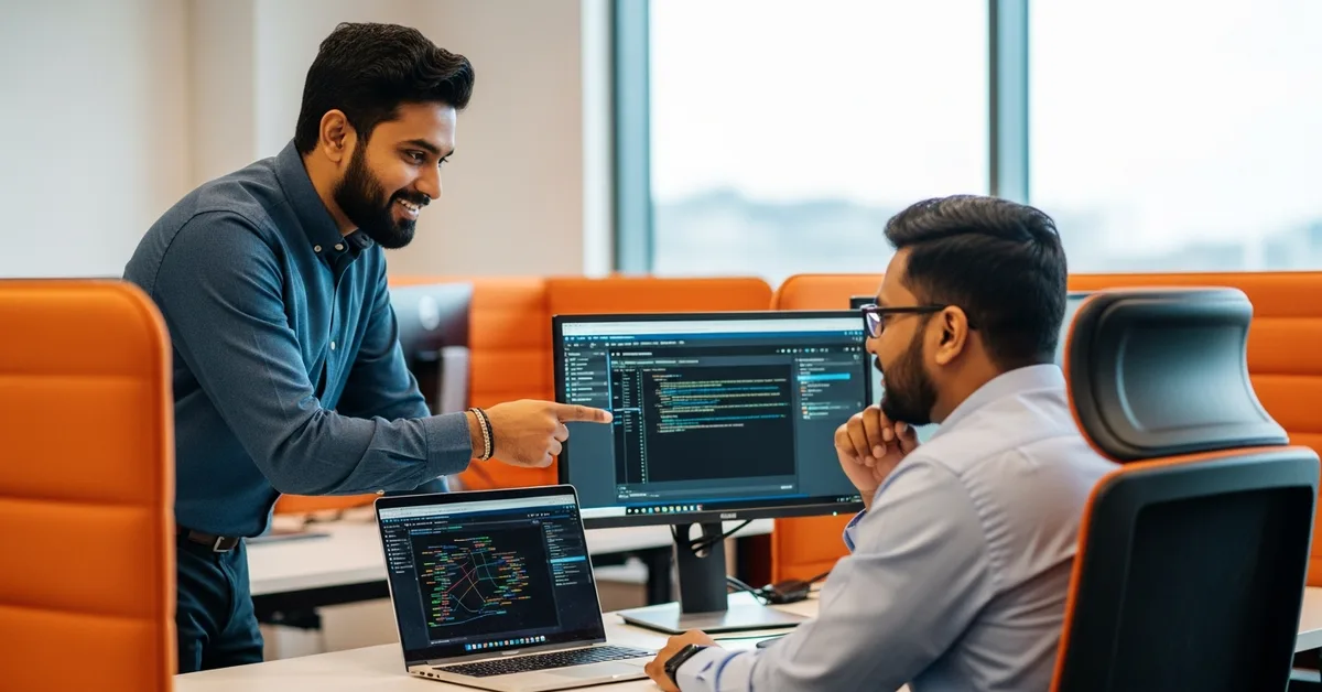 Offshore data scientist and ML engineer collaborating together on a shared model handoff