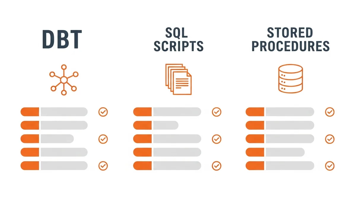 comparison infographic of dbt, sql scripts, and stored procedures across version control, testing, and review workflow