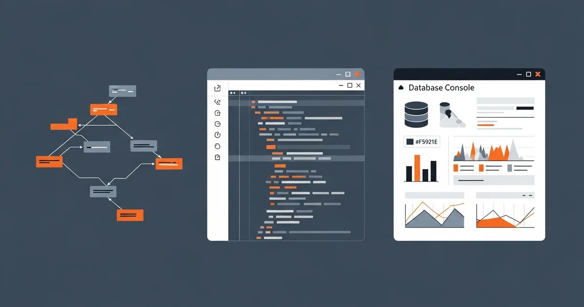 split screen comparison of dbt git workflow, sql script editor, and database stored procedure console
