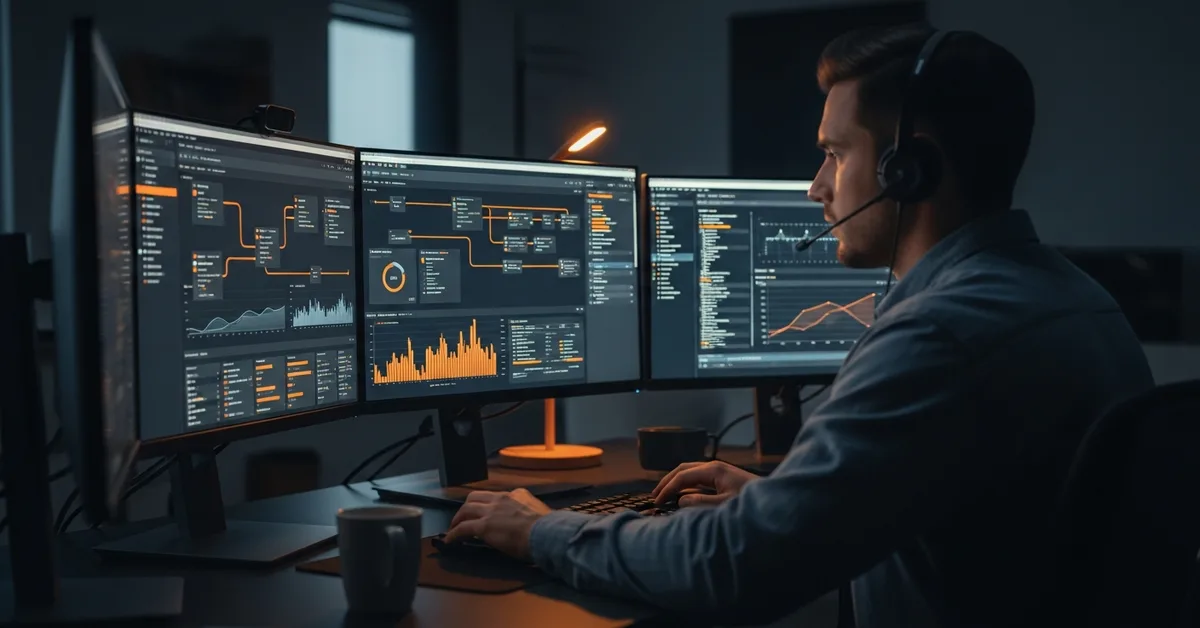 Offshore data engineer monitoring ETL pipeline alerts and dashboards during an overnight on-call shift