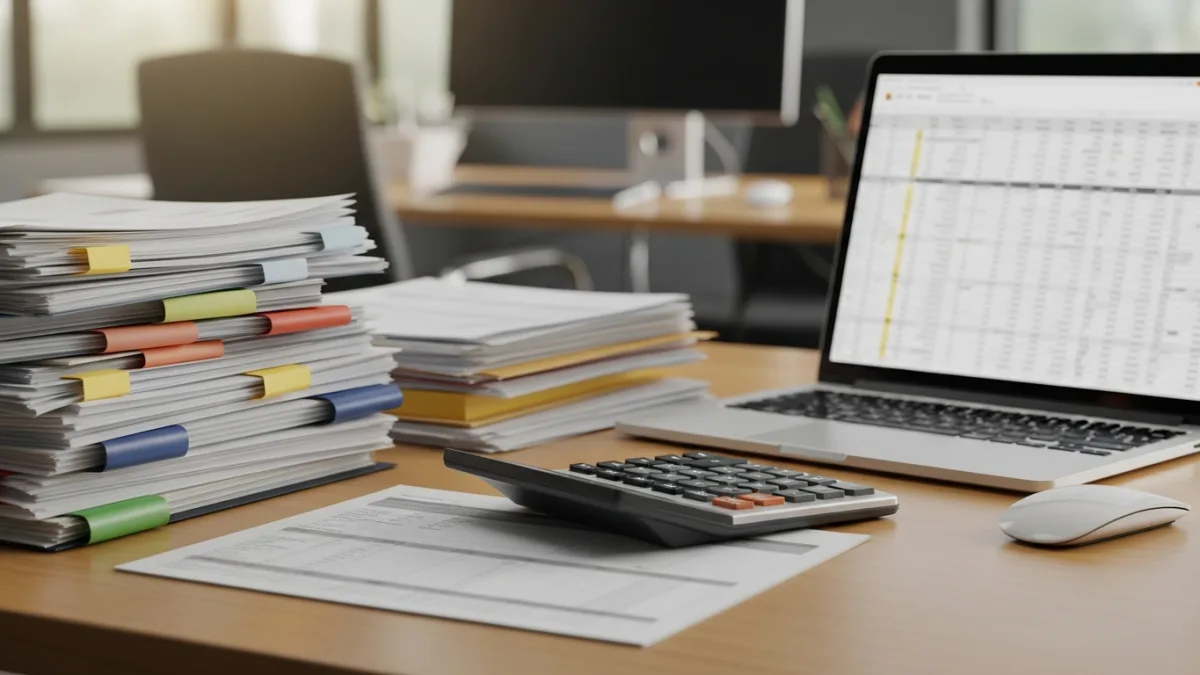 Desk with invoices, payroll documents, and financial reports representing FAO scope