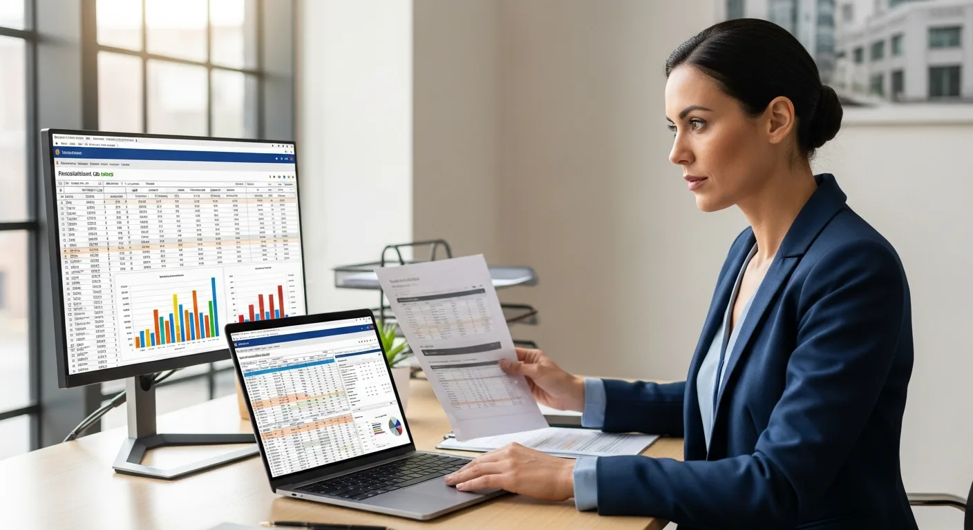 Finance leader reviewing reconciliation reports and dashboards for outsourced accounting, Kore BPO