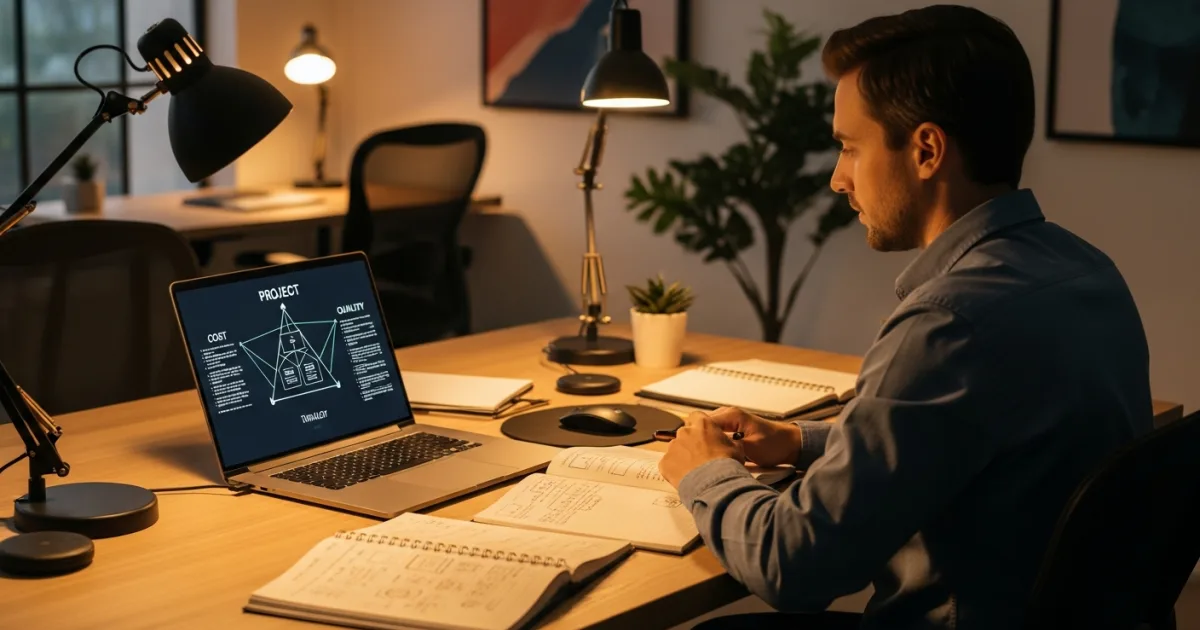 developer reviewing cost, timeline, and quality trade-offs for a Flutter offshore project at a modern desk