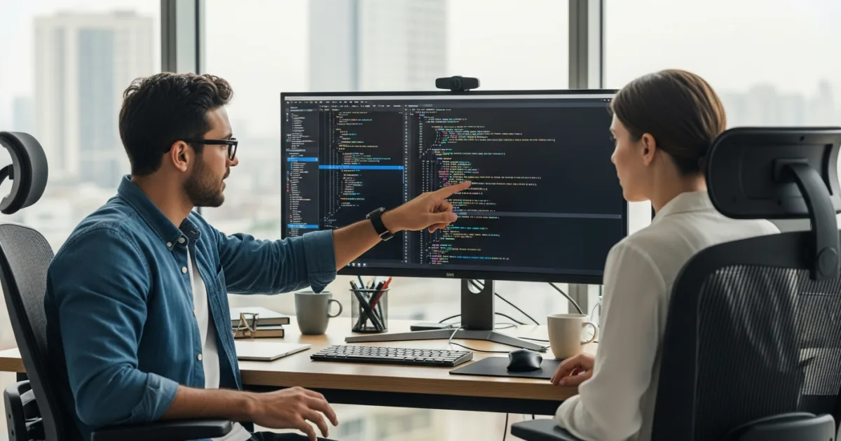two developers reviewing Flutter code together on a large monitor in a professional tech office setting