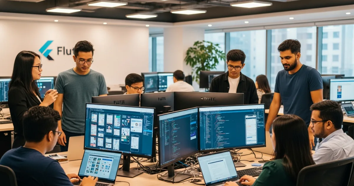 offshore Flutter developer team working at laptops in a modern tech office with mobile app UI on screens