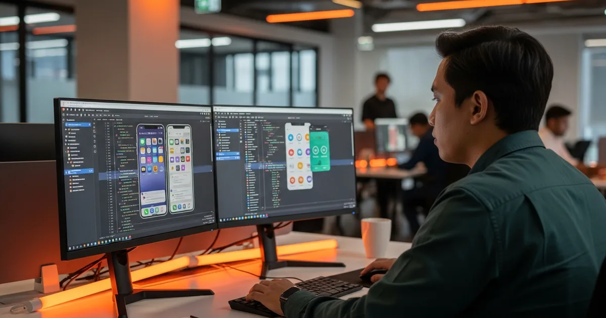 offshore flutter developer working on cross-platform mobile app for US startup with dual monitors