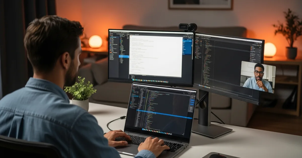 two engineers on a video call pair programming and reviewing a github repository together