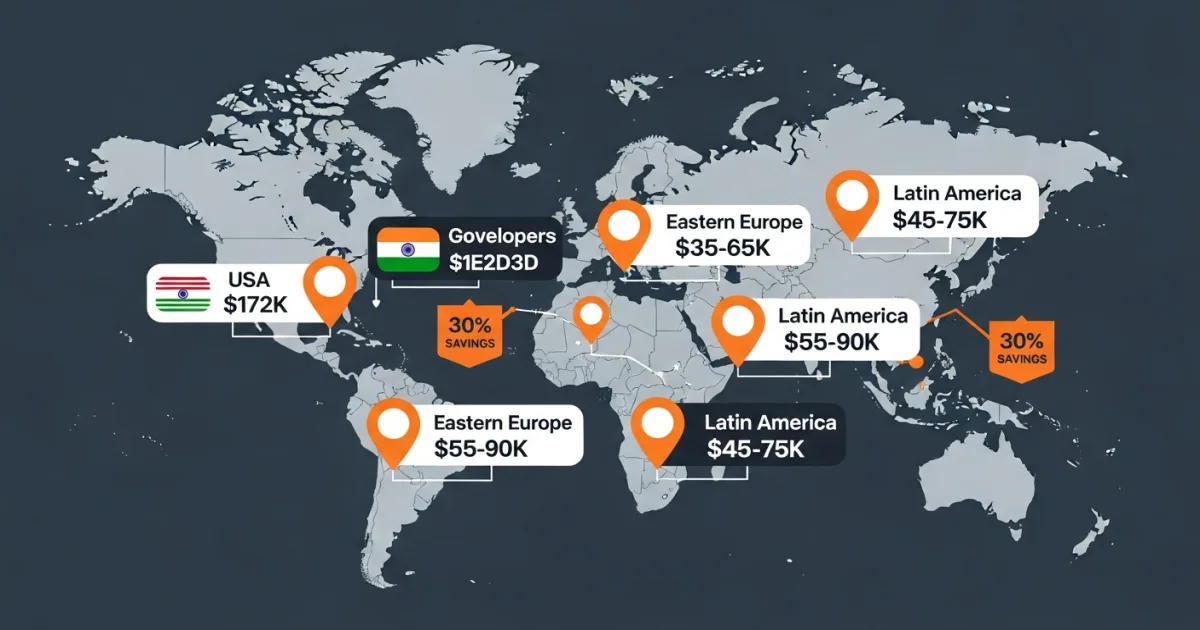 World map showing Golang developer salary rates by region - India, Eastern Europe, Latin America vs US comparison