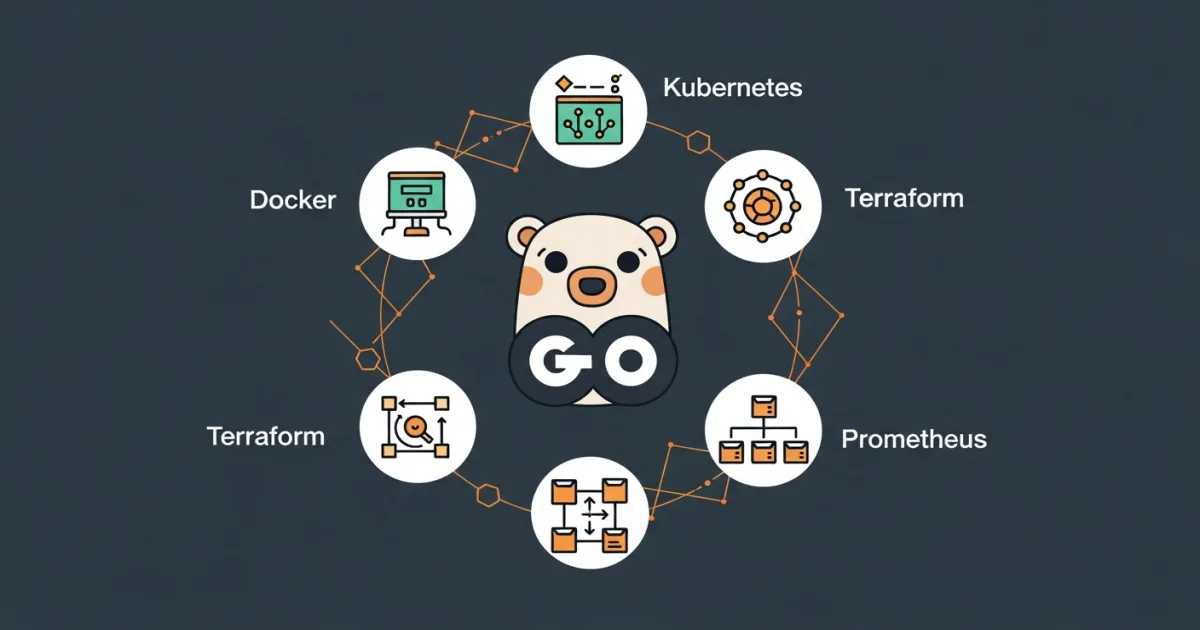 Go programming language ecosystem showing Docker, Kubernetes, Terraform and cloud-native infrastructure connections
