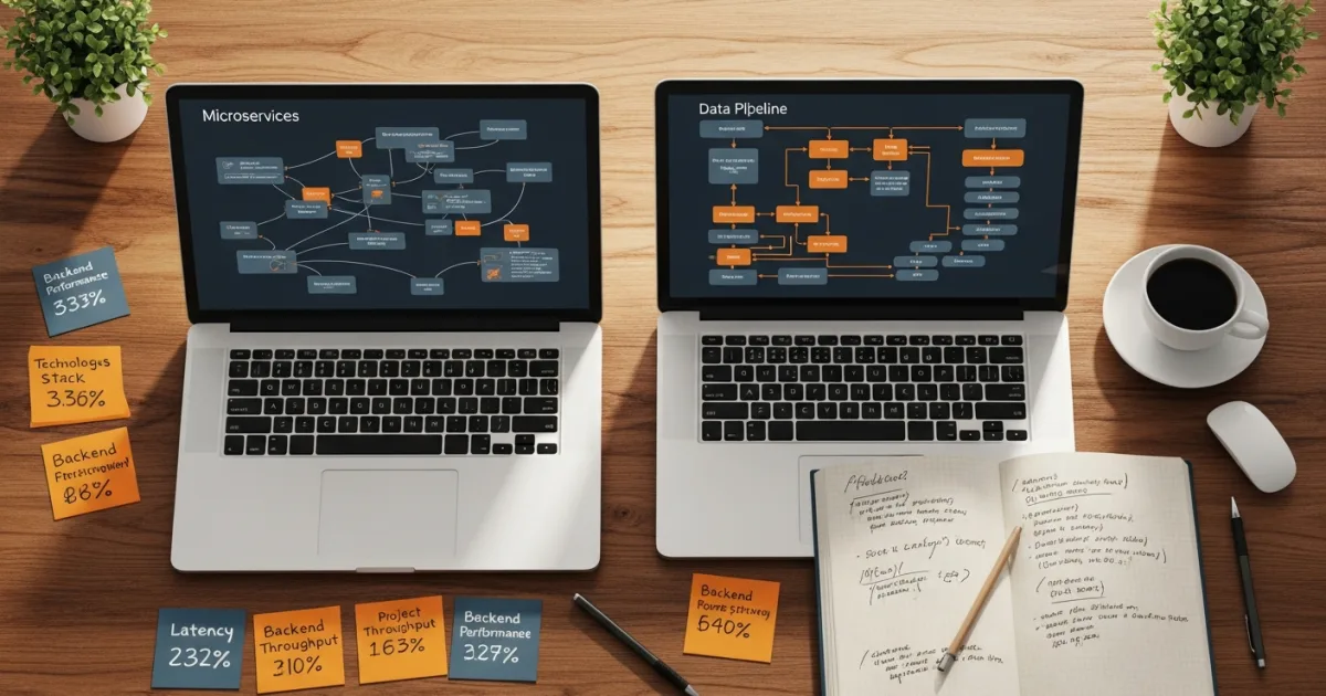 Developer planning session with laptops showing microservices architecture and data pipeline diagrams on a desk with notes