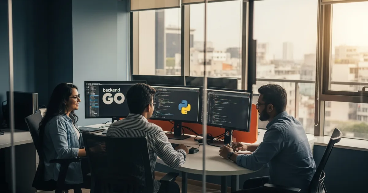 Diverse offshore backend engineering team in a modern office reviewing Go and Python code on multiple monitors