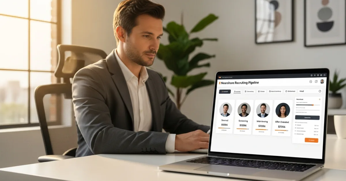 US hiring manager reviewing a nearshore recruiting pipeline of Latin America based candidates on a laptop dashboard