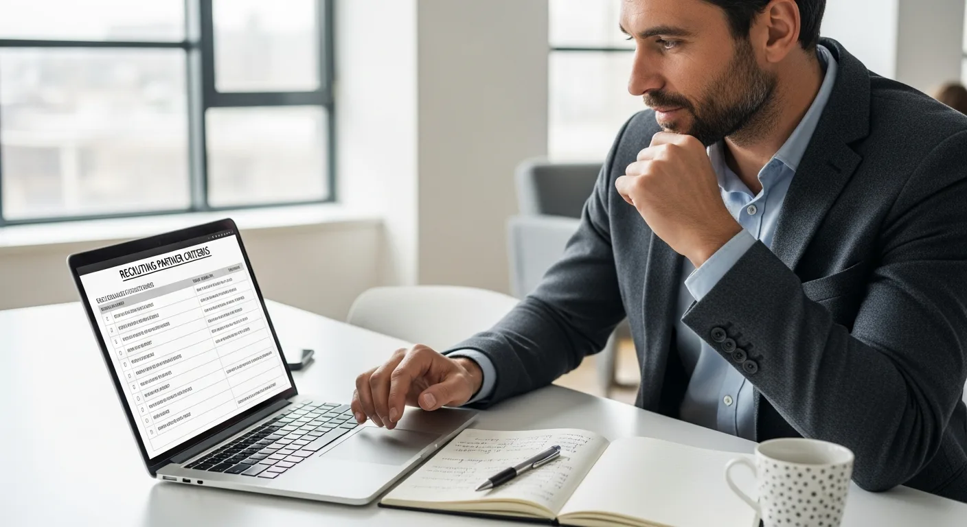 Business decision maker evaluating offshore recruiting partner criteria on a laptop