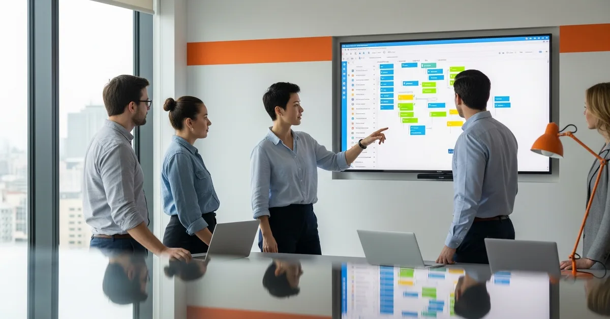 Offshore software development team collaborating during a daily stand-up meeting