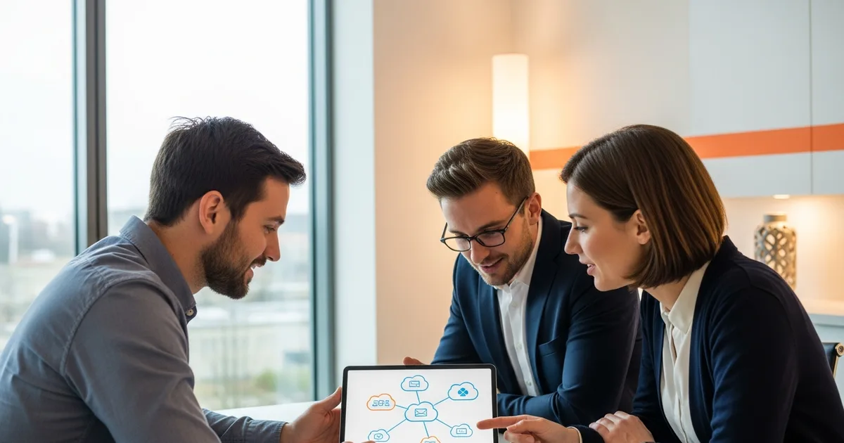Small business IT team planning a 90-day outsourcing rollout with a cloud migration roadmap on a whiteboard