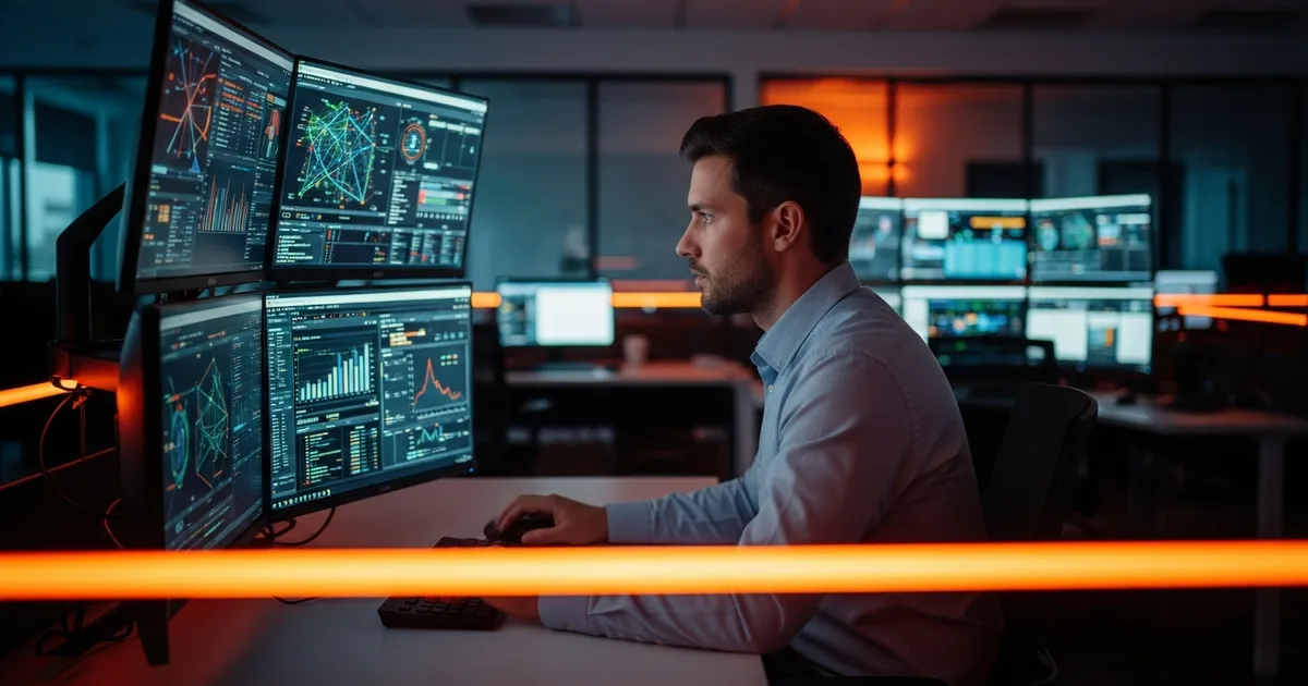 Offshore cybersecurity analyst monitoring threat detection dashboards for a small business client
