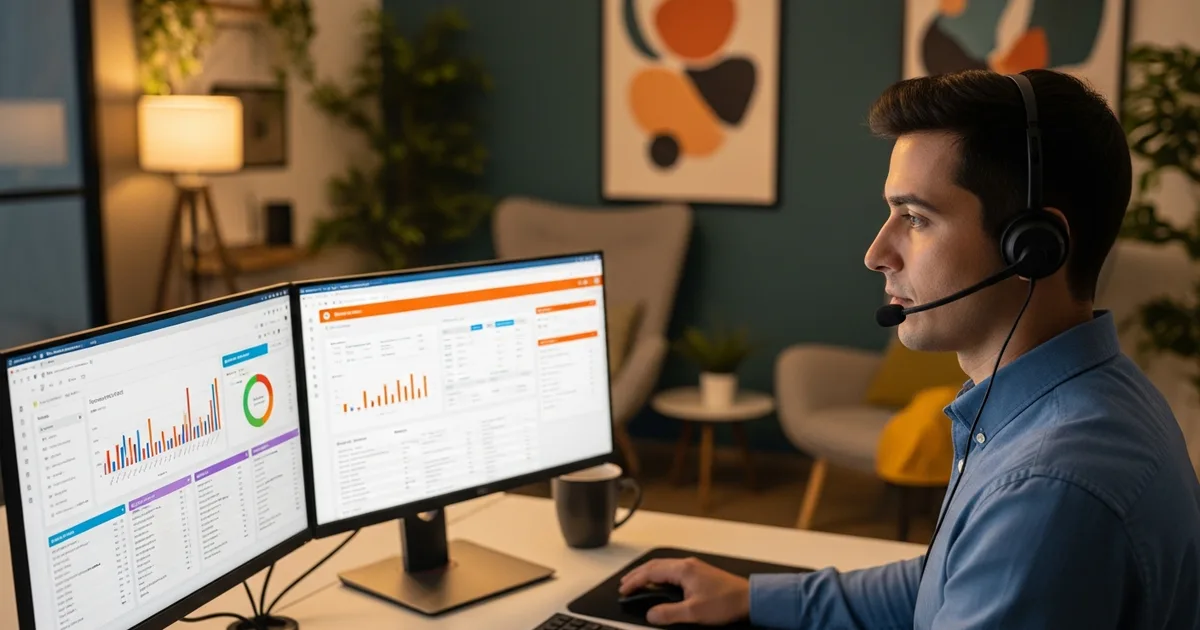 Outsourced help desk support agent assisting a small business employee over a headset