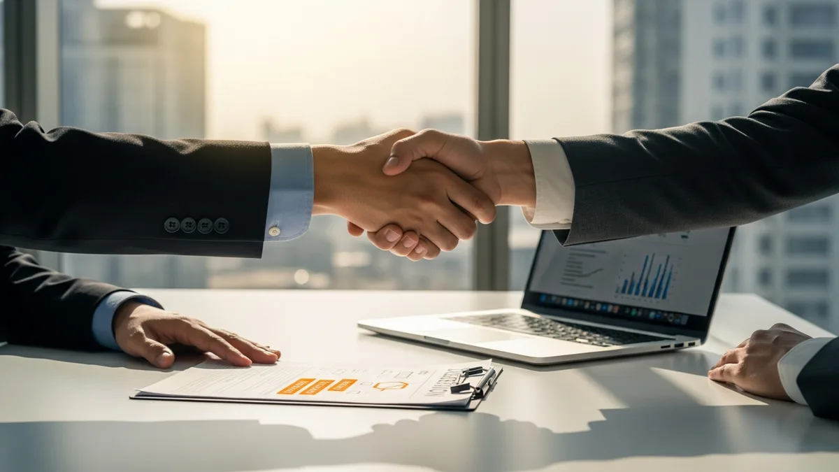 two business professionals shaking hands over an IT outsourcing model decision framework