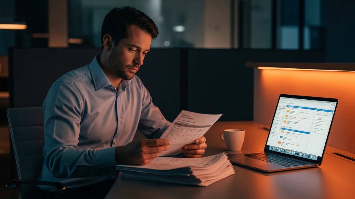 operations manager reviewing invoices at night representing hidden coordination overhead in staff augmentation