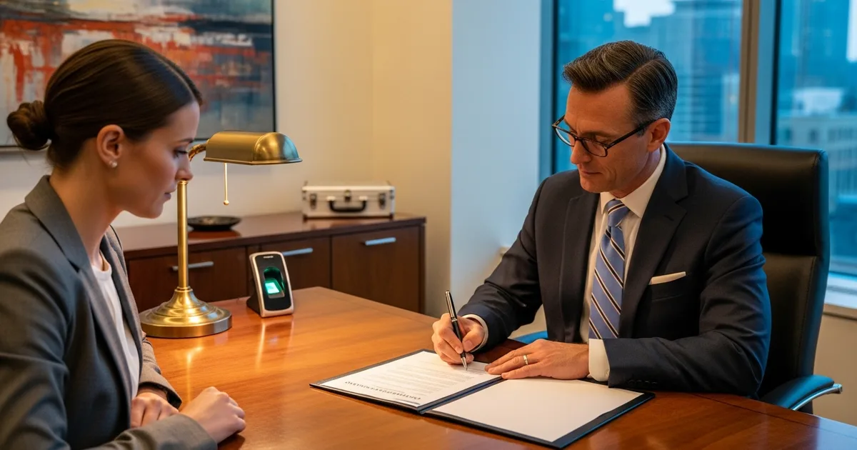 Attorney reviewing a signed confidentiality and data security agreement with an outsourced legal services provider