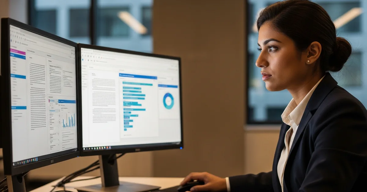 Offshore legal support specialist reviewing and coding documents for e-discovery on dual monitors