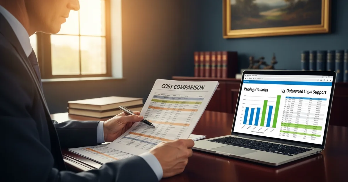 Law firm partner reviewing cost figures comparing in-house paralegal salary against outsourced legal support pricing