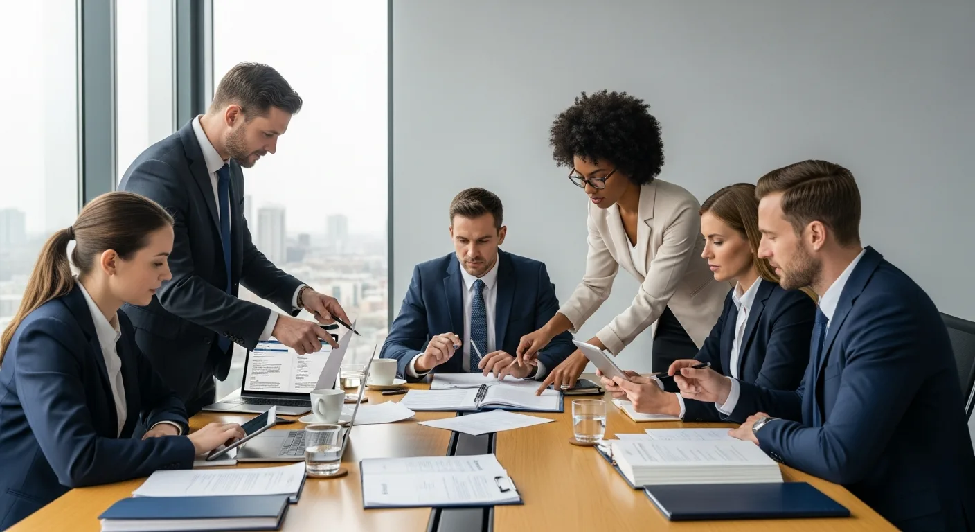 Legal professionals reviewing contracts and case documents at a law firm conference table -- Kore BPO