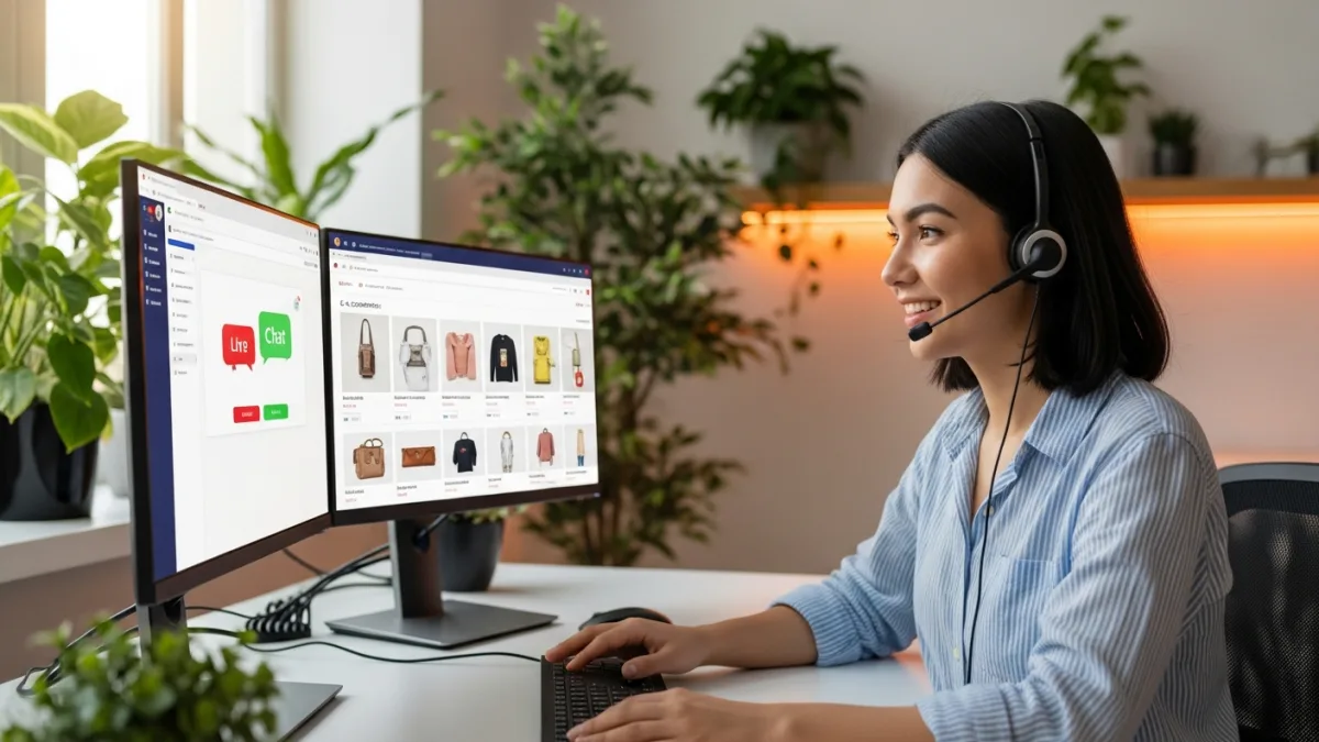 Offshore customer support agent wearing a headset answering a live chat conversation on a dual monitor e-commerce help desk screen
