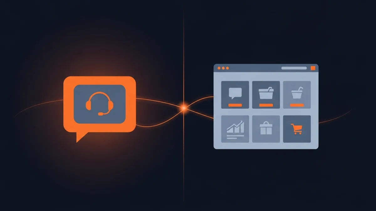 Split screen concept image showing a live chat conversation bubble connected to an e-commerce storefront dashboard, representing live chat outsourcing