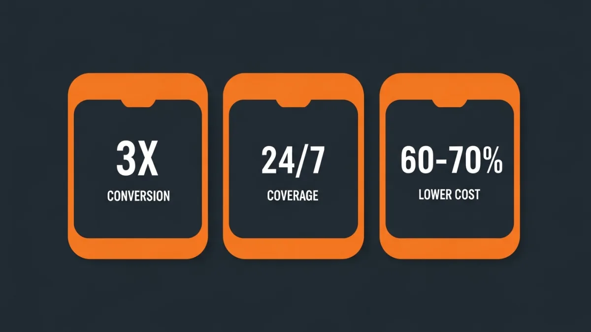 Stat card graphic showing 3x conversion, 24/7 coverage, and 60 to 70 percent lower cost benefits of live chat outsourcing