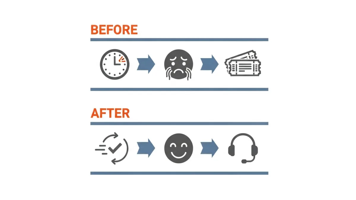 Before and after workflow diagram comparing a slow in-house support ticket queue against a fast outsourced live chat resolution flow