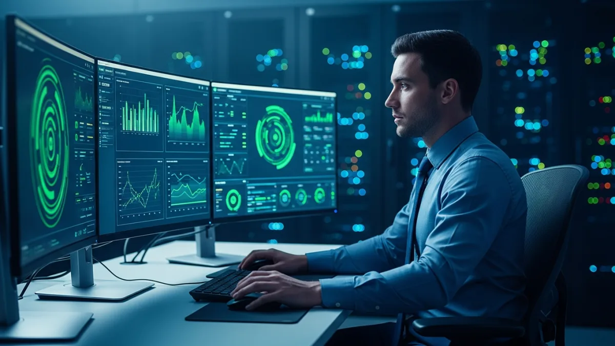 Security operations analyst reviewing SOC 2 and ISO 27001 compliance dashboards for a legal outsourcing vendor