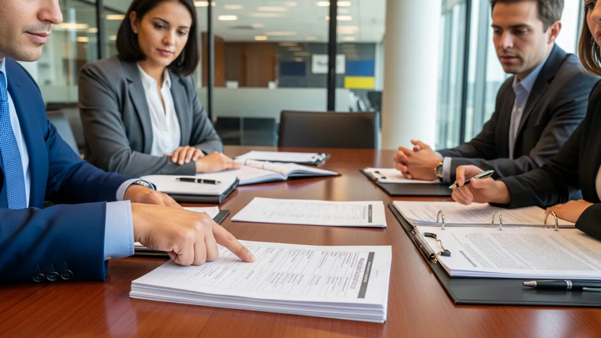 Law firm operations team reviewing a legal process outsourcing vendor due diligence checklist with signed documents on a desk